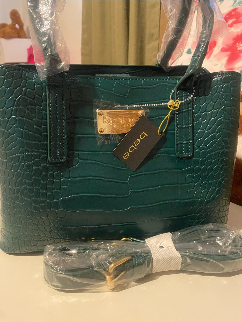 bebe Teal Croc-Embossed Satchel with Gold Accents